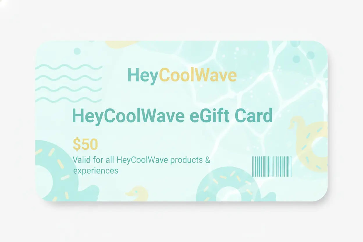 Create a modern, vibrant eGift card design for HeyCoolWave, a water leisure and outdoor lifestyle brand. The design should evoke summer fun, water play, and relaxation. Use light aqua blues, soft yellows, and white tones to reflect sunshine and clear water. Include subtle elements like waves, inflatable loungers, and rippling water textures in the background. The HeyCoolWave logo should appear clean and centered. The text “HeyCoolWave eGift Card” should be clearly visible, with a sleek, minimal layout.